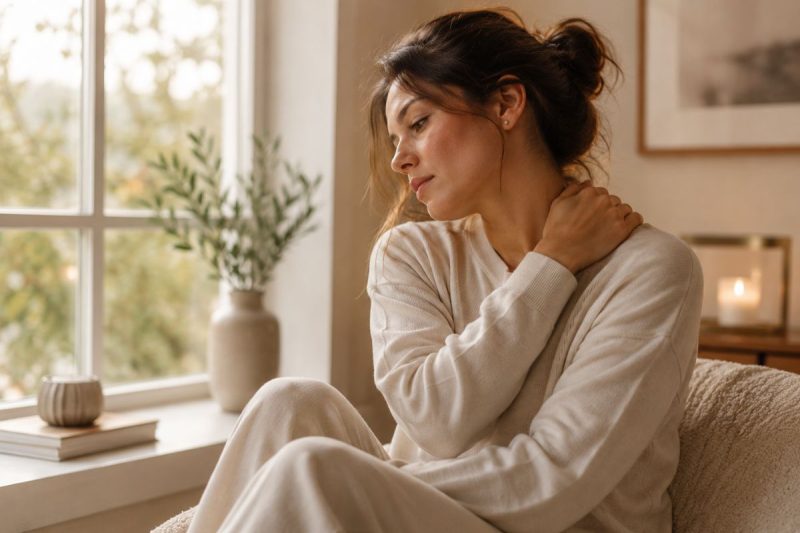 Woman experiencing physical tension and stress after a demanding day