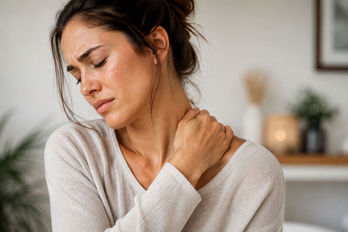 Chronic stress causing tension in the neck, shoulders, and upper body