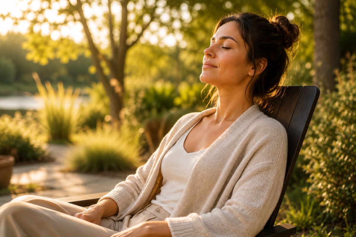 Woman feeling calm and restored after stress relief and wellness treatments