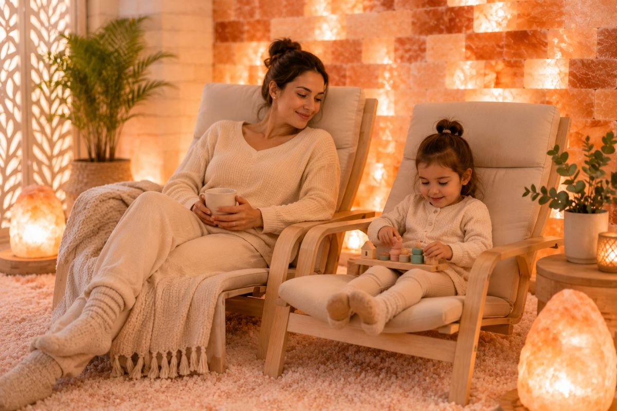 Mother and child enjoying a relaxing Little Lungs Salt Therapy session in a family-friendly salt room