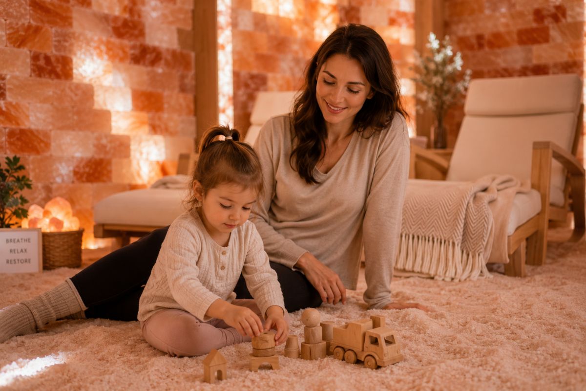 Parent and child relaxing together during a Little Lungs Salt Therapy session