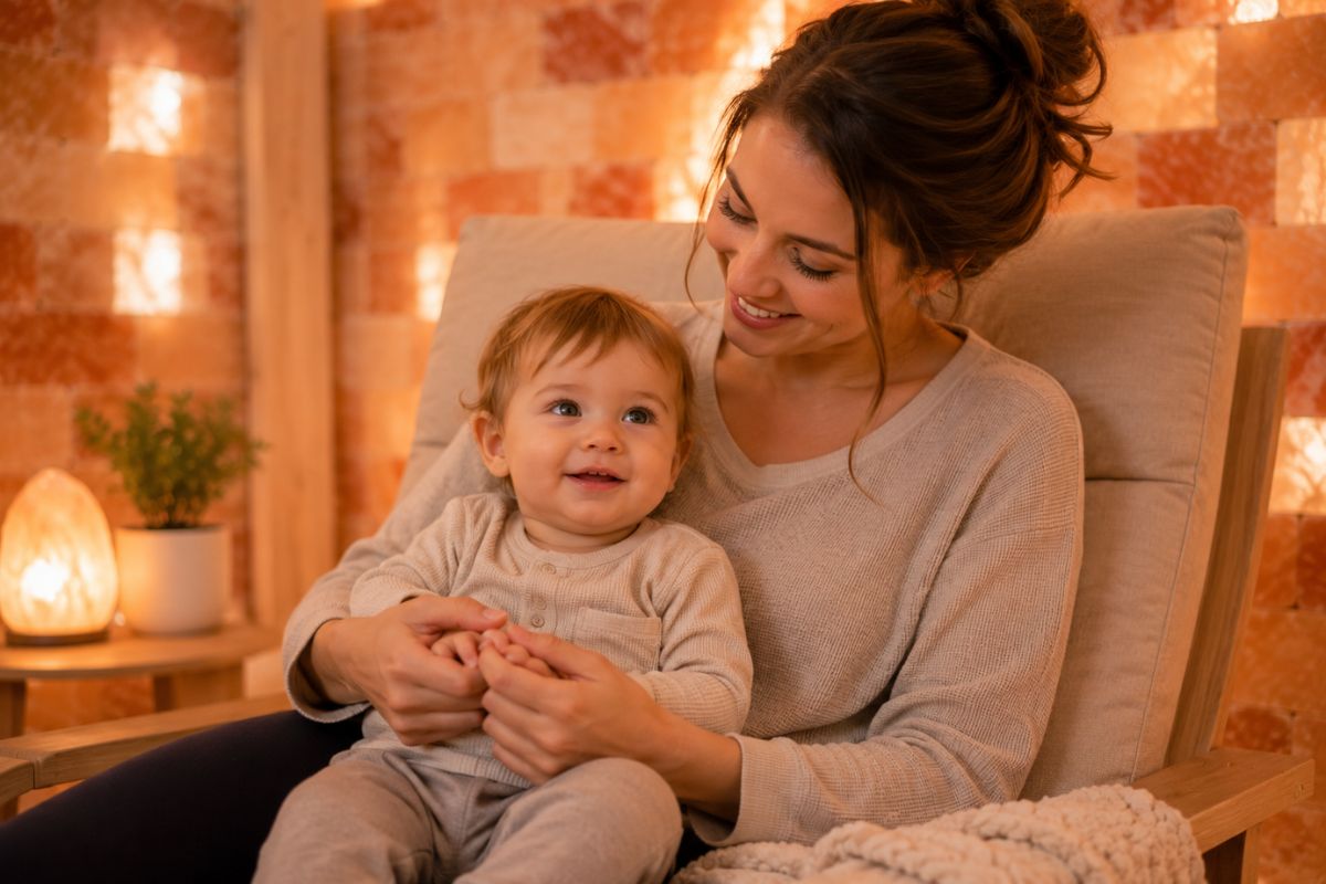 Parent staying with a child during a calm and comfortable salt therapy session