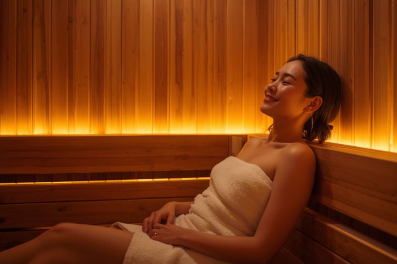Woman relaxing in a modern infrared sauna for wellness and recovery