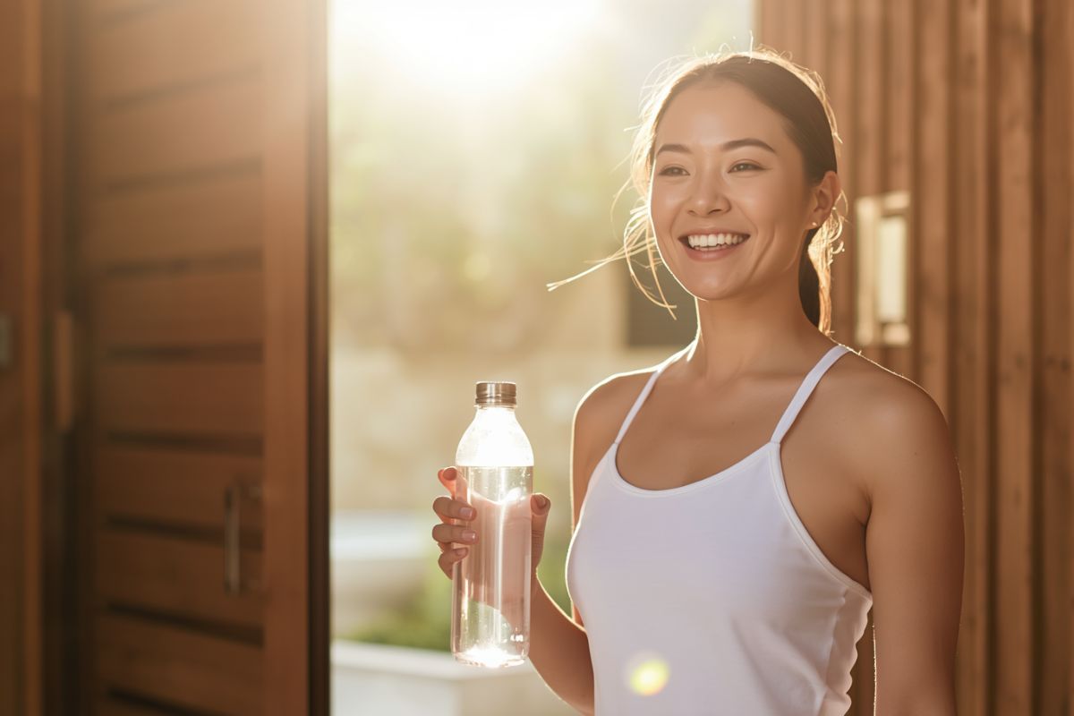 Relaxed woman leaving an infrared sauna session feeling refreshed and restored