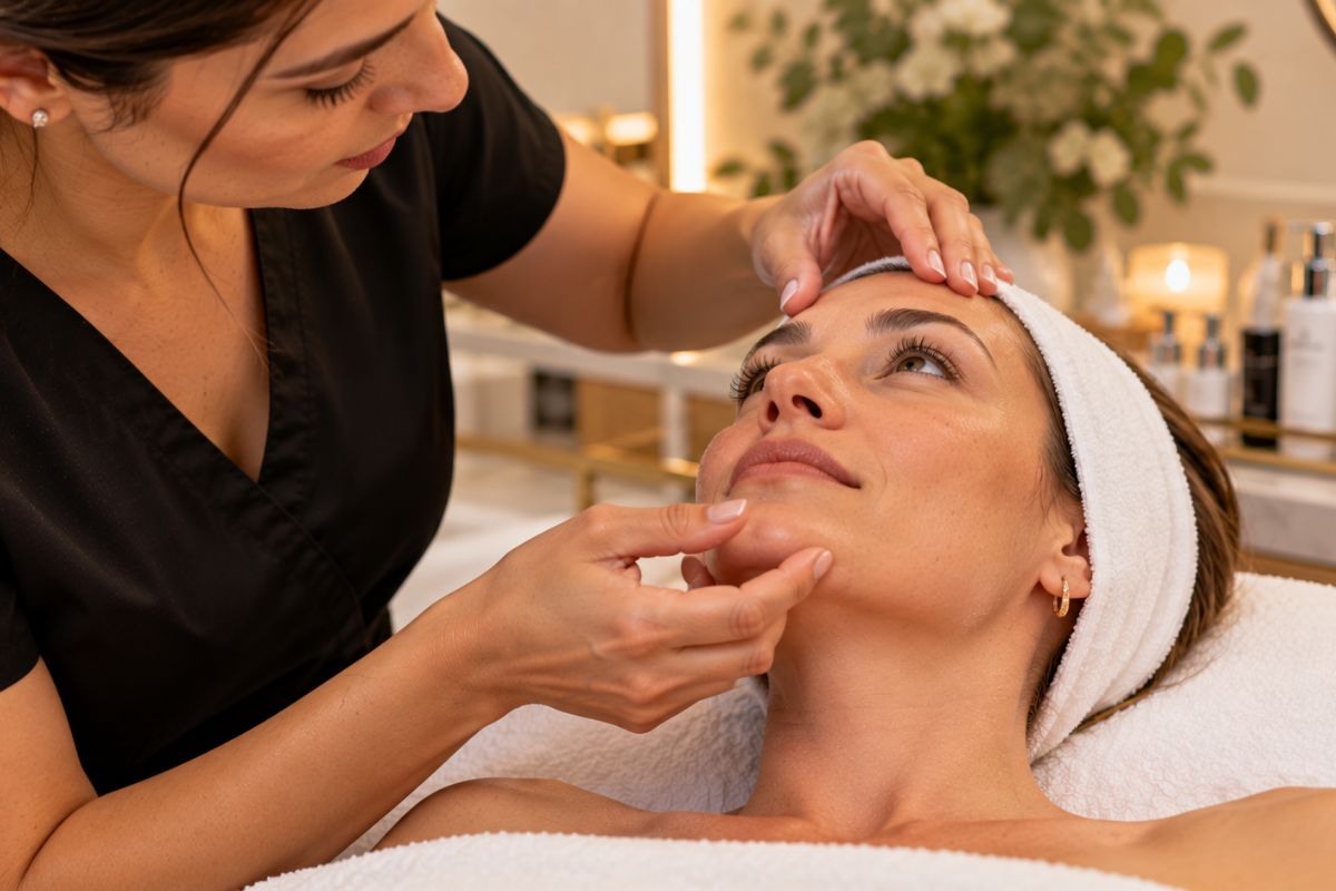 Esthetician assessing a client's skin during a professional facial