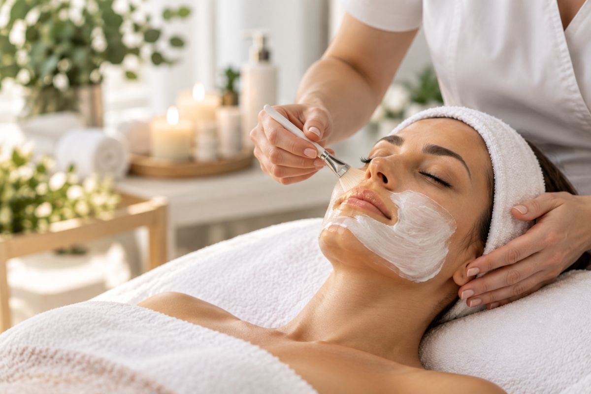 Woman receiving a customized facial treatment at a relaxing spa in Norman, Oklahoma