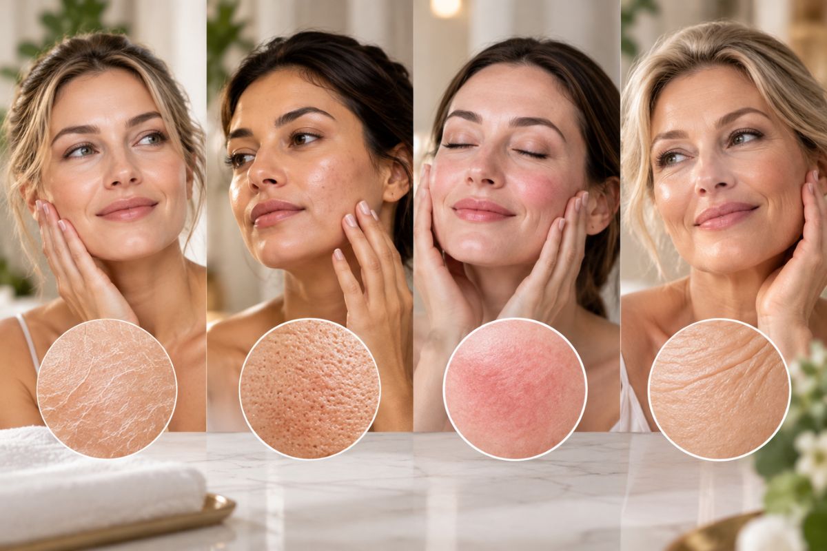 Different skin concerns including dryness, enlarged pores, sensitivity, and uneven skin texture that influence facial treatment choices.