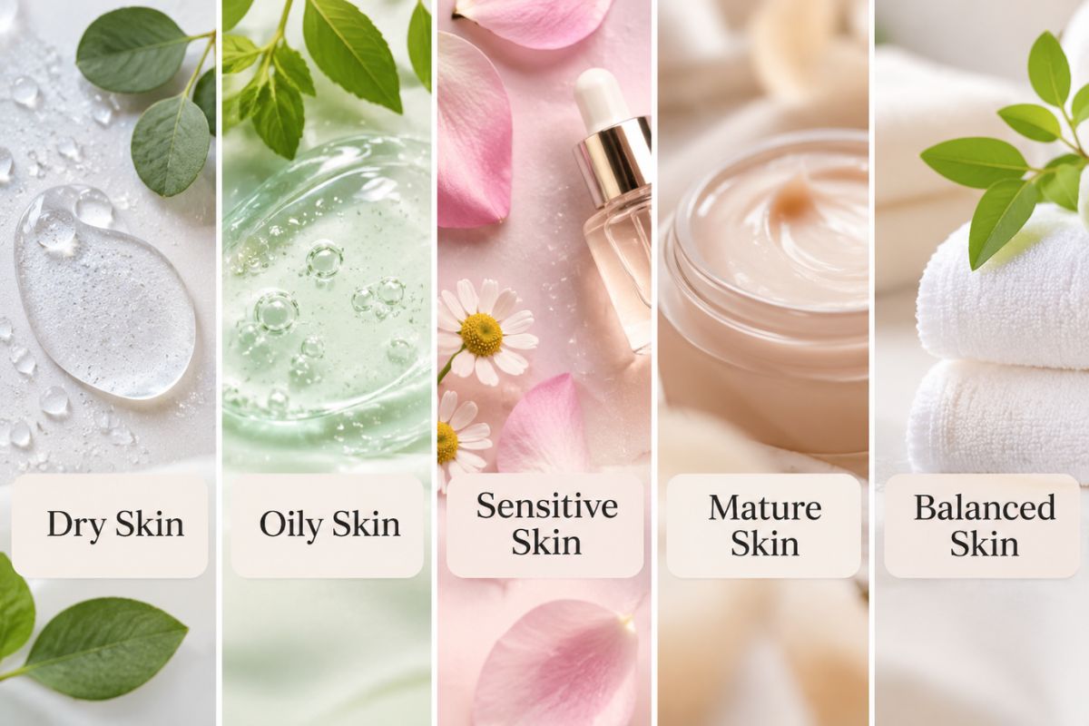 Skincare products for dry, oily, sensitive, mature, and balanced skin types to help choose the best facial