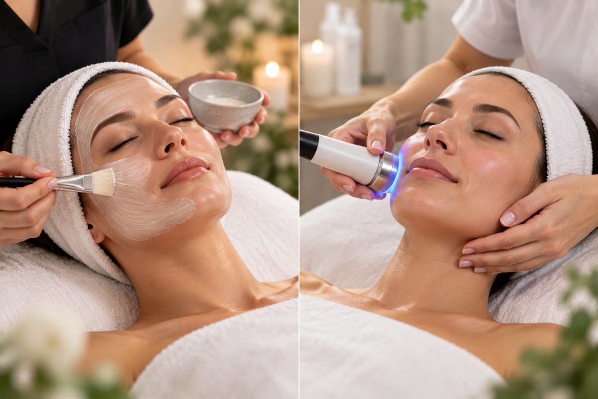 Side-by-side comparison of a customized facial with a nourishing mask and an advanced facial treatment using skincare technology