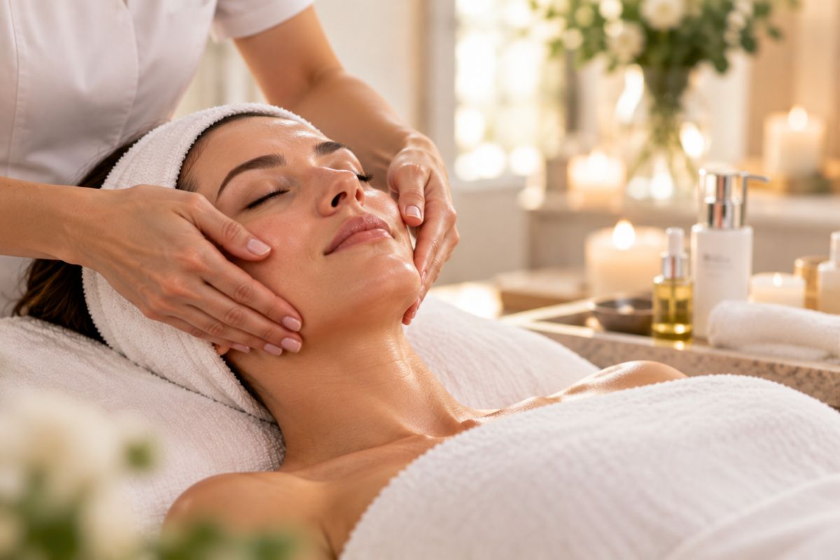 Client receiving a relaxing, personalized facial treatment from an esthetician at a spa