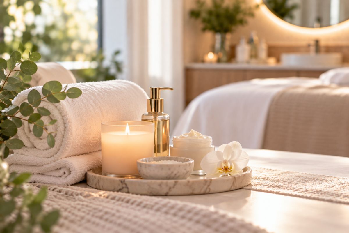 Relaxing spa treatment room with skincare products, fresh towels, and candles for a customized facial experience